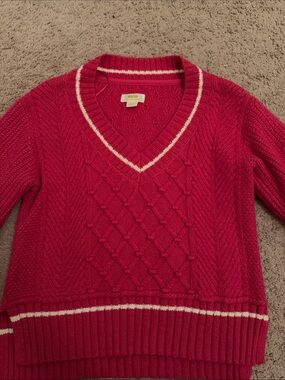 Maeve Bright Pink Cable-Knit V-Neck Sweater with Cream Trim